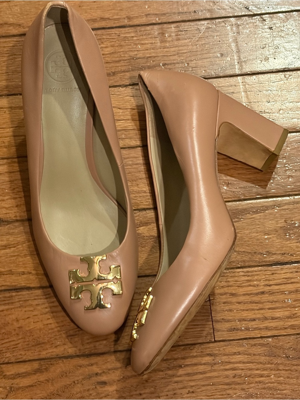 Tory Burch Blush Beige Leather Block Heel Pumps with Gold Logo